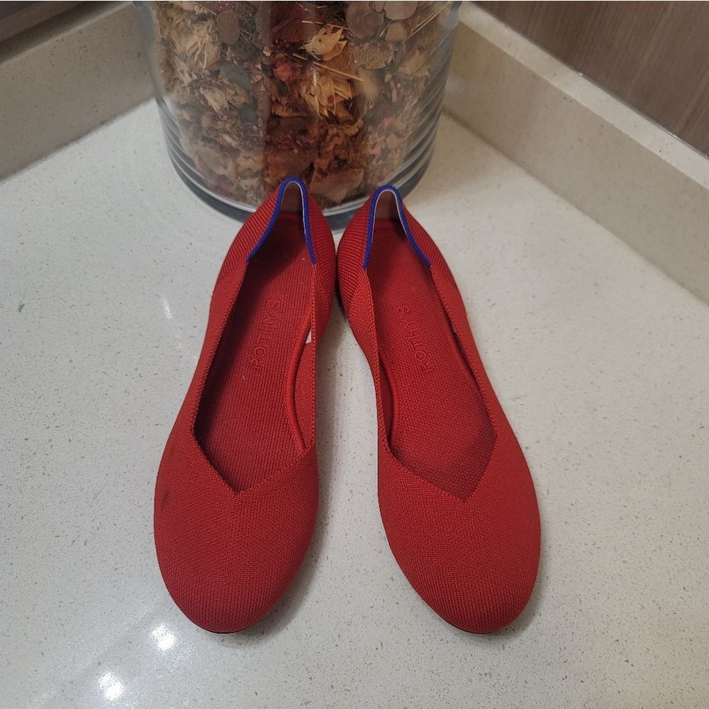 Rothy's Red Knit Ballet Flats with Blue Trim
